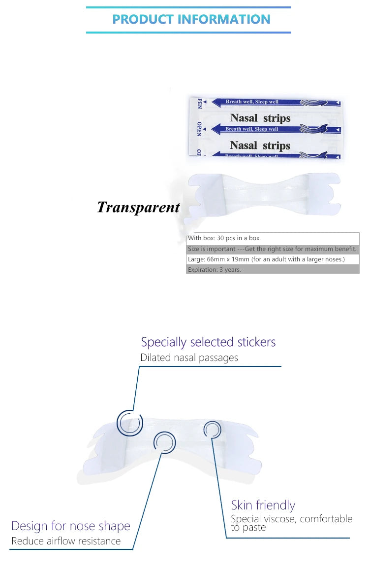 50pcs/Lot Transparent Nasal Strips Anti-Snoring Sticker Better Nose Breath Reduce Snoring Tool Health Care Stop Snoring Patch
